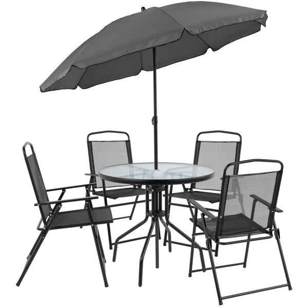 English Elm Nantucket 6 Piece Patio Garden Set with Umbrella Table and Folding Chairs for Outdoor Relaxation Black 31.25"W x 31.25"D x 28"H GM-202012-BK-GG