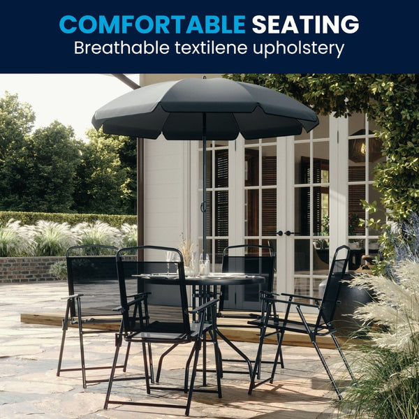 English Elm Nantucket 6 Piece Patio Garden Set with Umbrella Table and Folding Chairs for Outdoor Relaxation Black 31.25"W x 31.25"D x 28"H GM-202012-BK-GG