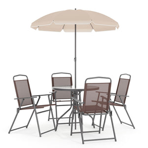 English Elm Nantucket 6 Piece Patio Garden Set with Umbrella Table and Folding Chairs for Outdoor Relaxation Brown 31.25"W x 31.25"D x 28"H GM-202012-BRN-GG