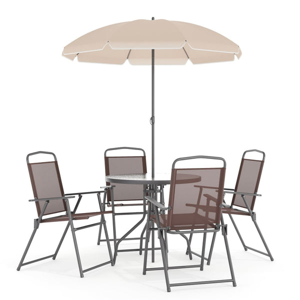 English Elm Nantucket 6 Piece Patio Garden Set with Umbrella Table and Folding Chairs for Outdoor Relaxation Brown 31.25"W x 31.25"D x 28"H GM-202012-BRN-GG