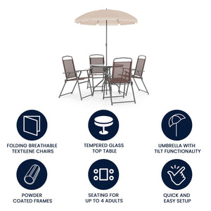English Elm Nantucket 6 Piece Patio Garden Set with Umbrella Table and Folding Chairs for Outdoor Relaxation Brown 31.25"W x 31.25"D x 28"H GM-202012-BRN-GG
