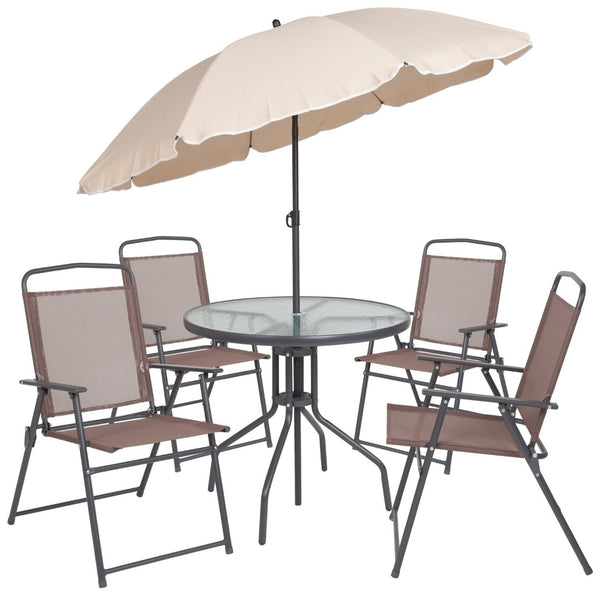 English Elm Nantucket 6 Piece Patio Garden Set with Umbrella Table and Folding Chairs for Outdoor Relaxation Brown 31.25"W x 31.25"D x 28"H GM-202012-BRN-GG