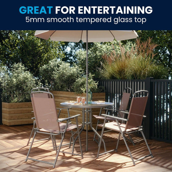 English Elm Nantucket 6 Piece Patio Garden Set with Umbrella Table and Folding Chairs for Outdoor Relaxation Brown 31.25"W x 31.25"D x 28"H GM-202012-BRN-GG
