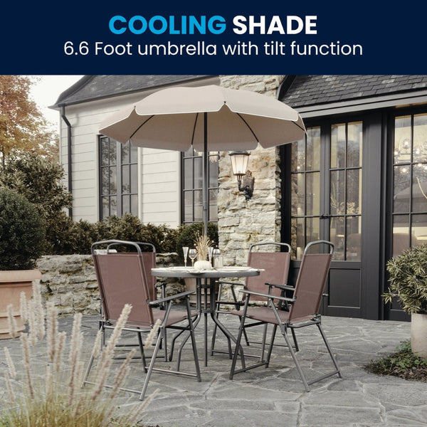 English Elm Nantucket 6 Piece Patio Garden Set with Umbrella Table and Folding Chairs for Outdoor Relaxation Brown 31.25"W x 31.25"D x 28"H GM-202012-BRN-GG
