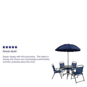 English Elm Nantucket 6 Piece Patio Garden Set with Umbrella Table and Folding Chairs for Outdoor Relaxation Navy GM-202012-NV-GG
