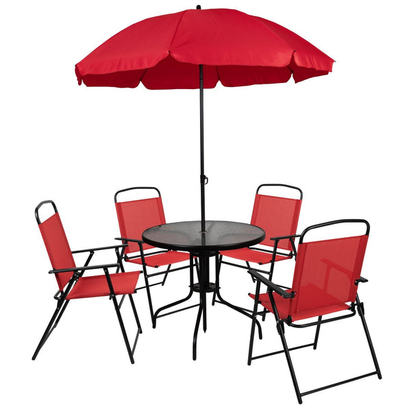 English Elm Nantucket 6 Piece Patio Garden Set with Umbrella Table and Folding Chairs for Outdoor Relaxation Red GM-202012-RD-GG