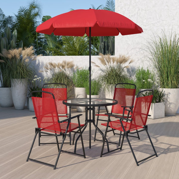 English Elm Nantucket 6 Piece Patio Garden Set with Umbrella Table and Folding Chairs for Outdoor Relaxation Red GM-202012-RD-GG