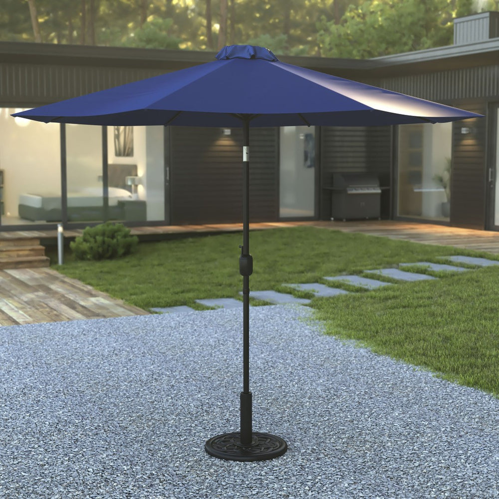 English Elm Sunny 9 FT Round Patio Umbrella with Crank Lift, Tilt Feature, and Sturdy Universal Cement Base Navy GM-402003-UB19B-NVY-GG