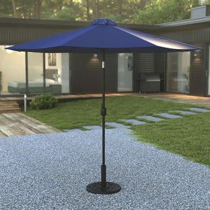 English Elm Sunny 9 FT Round Patio Umbrella with Crank Lift, Tilt Feature, and Sturdy Universal Cement Base Navy GM-402003-UB19B-NVY-GG
