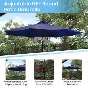 English Elm Sunny 9 FT Round Patio Umbrella with Crank Lift, Tilt Feature, and Sturdy Universal Cement Base Navy GM-402003-UB19B-NVY-GG