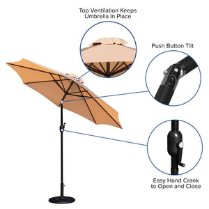 English Elm Kona 9 FT Round Umbrella Set with Crank Lift, Tilt Function & Heavy-Duty Base for Outdoor Shade Tan GM-402003-UB19B-TAN-GG