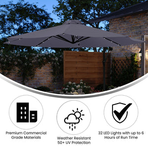 English Elm Sedona 10 FT Round Cantilever Umbrella with 32 Solar LED Lights for Ultimate Outdoor Comfort Gray GM-WL-UU012-GRY-GG