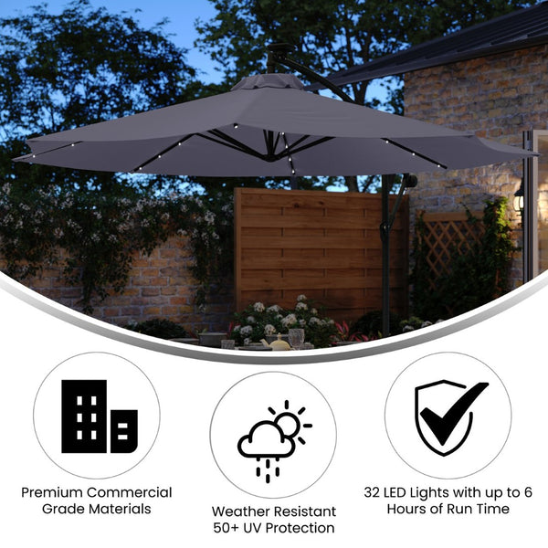 English Elm Sedona 10 FT Round Cantilever Umbrella with 32 Solar LED Lights for Ultimate Outdoor Comfort Gray GM-WL-UU012-GRY-GG