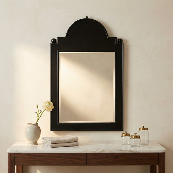 Jess Solid Mahogany Wall Mirror Hand Carved Artisan Frame in Antiqued Black Finish