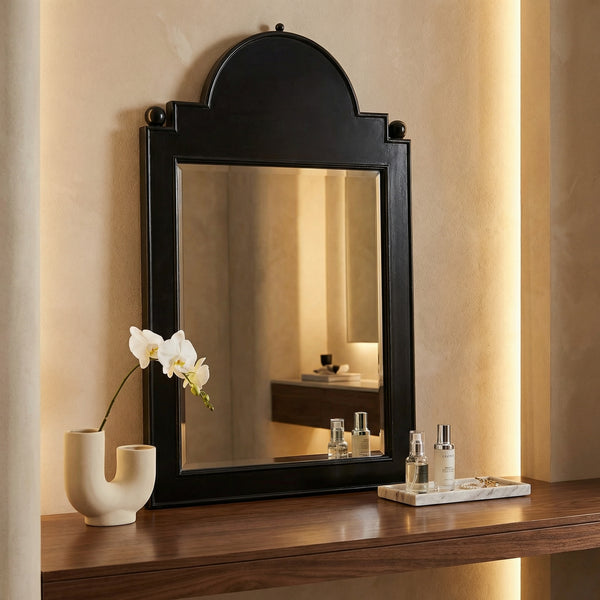 Jess Solid Mahogany Wall Mirror Hand Carved Artisan Frame in Antiqued Black Finish