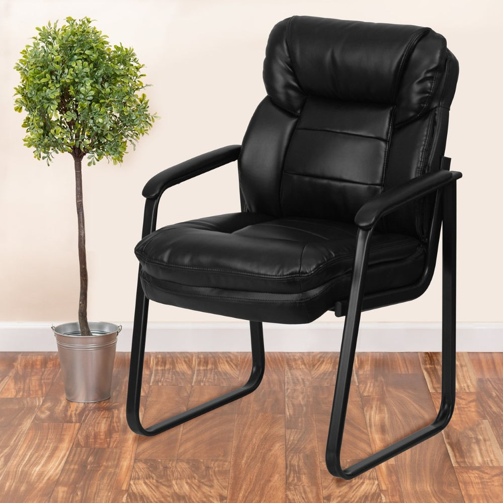 English Elm Isla Black LeatherSoft Executive Side Chair with Lumbar Support for Modern Reception Areas GO-1156-BK-LEA-GG