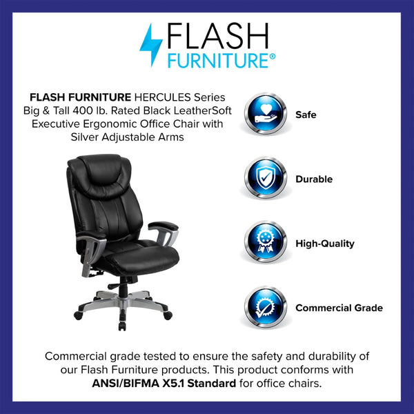 English Elm HERCULES Series Big & Tall Executive Ergonomic Office Chair with 400 lb Capacity and Adjustable Arms Black LeatherSoft GO-1534-BK-LEA-GG