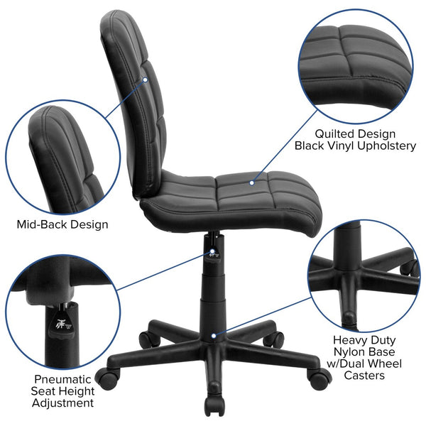 English Elm Clayton Mid-Back Quilted Vinyl Swivel Task Chair - Ergonomic Comfort for Home and Office Spaces Black GO-1691-1-BK-GG