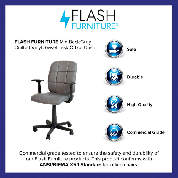 English Elm Clayton Mid-Back Quilted Vinyl Swivel Task Office Chair for Comfort, Style, and Versatile Use Gray GO-1691-1-GY-A-GG