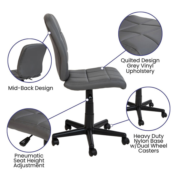English Elm Clayton Mid-Back Quilted Vinyl Swivel Task Chair - Ergonomic Comfort for Home and Office Spaces Gray GO-1691-1-GY-GG