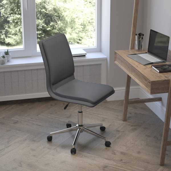 English Elm Madigan Mid-Back Armless Swivel Task Chair with LeatherSoft Upholstery and Chrome Base for Comfort Gray GO-21111-GY-GG