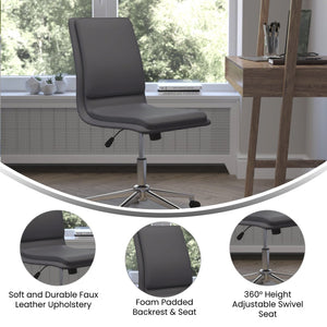 English Elm Madigan Mid-Back Armless Swivel Task Chair with LeatherSoft Upholstery and Chrome Base for Comfort Gray GO-21111-GY-GG