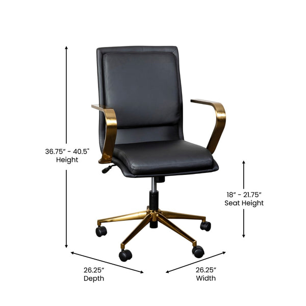 English Elm James Mid-Back Executive Office Chair with Ergonomic Design, Plush Padding, and Smooth Mobility Black LeatherSoft/Gold Frame GO-21111B-BK-GLD-GG