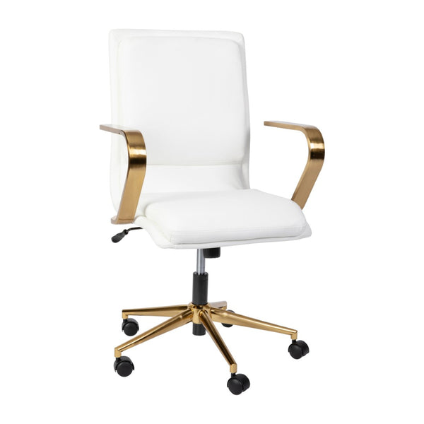 English Elm James Mid-Back Executive Office Chair with Ergonomic Design, Plush Padding, and Smooth Mobility White LeatherSoft/Gold Frame GO-21111B-WH-GLD-GG