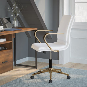 English Elm James Mid-Back Executive Office Chair with Ergonomic Design, Plush Padding, and Smooth Mobility White LeatherSoft/Gold Frame GO-21111B-WH-GLD-GG