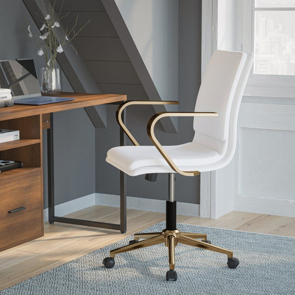 English Elm James Mid-Back Executive Office Chair with Ergonomic Design, Plush Padding, and Smooth Mobility White LeatherSoft/Gold Frame GO-21111B-WH-GLD-GG