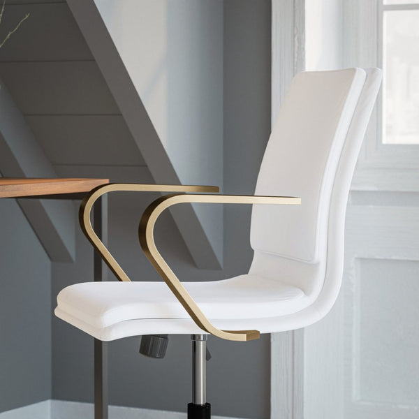 English Elm James Mid-Back Executive Office Chair with Ergonomic Design, Plush Padding, and Smooth Mobility White LeatherSoft/Gold Frame GO-21111B-WH-GLD-GG