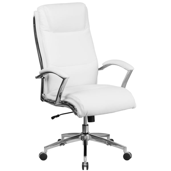 English Elm Rebecca High Back Designer LeatherSoft Executive Swivel Chair with Chrome Base for Ultimate Comfort White GO-2192-WH-GG