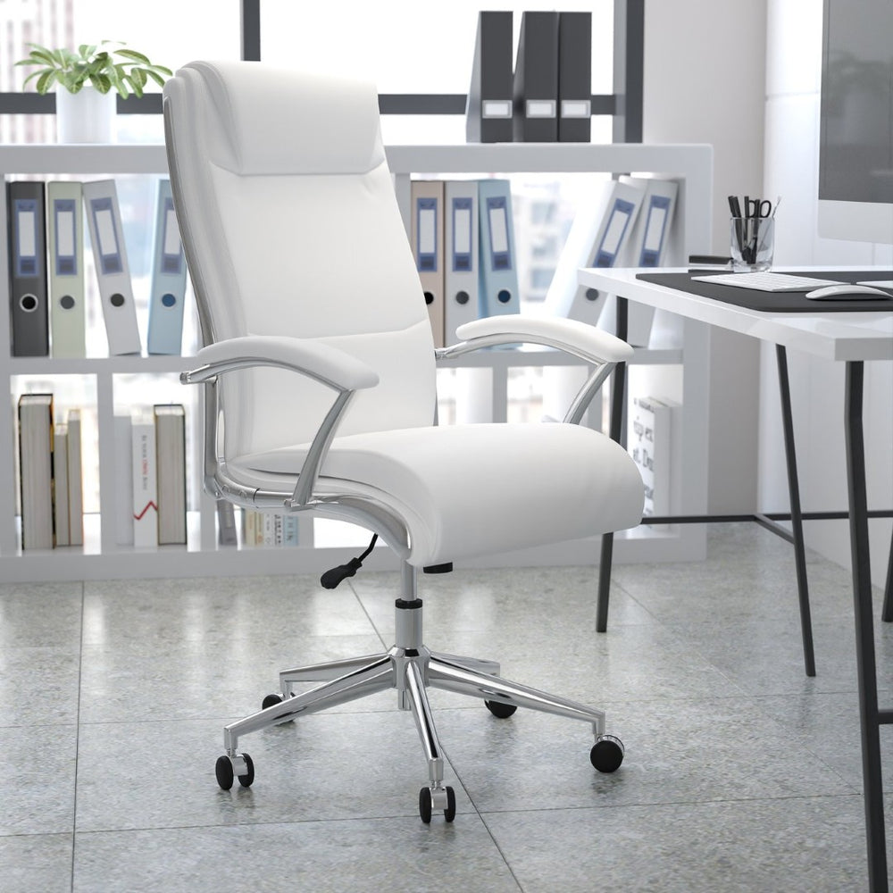 English Elm Rebecca High Back Designer LeatherSoft Executive Swivel Chair with Chrome Base for Ultimate Comfort White GO-2192-WH-GG