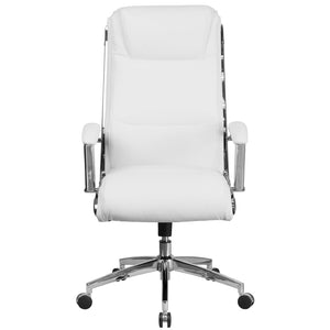 English Elm Rebecca High Back Designer LeatherSoft Executive Swivel Chair with Chrome Base for Ultimate Comfort White GO-2192-WH-GG