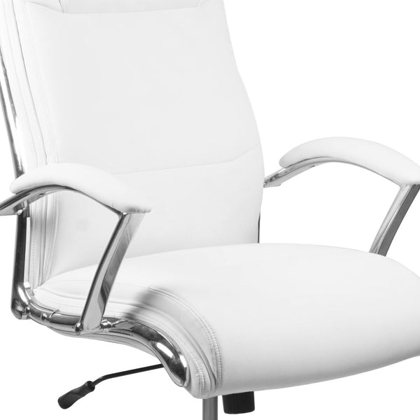 English Elm Rebecca High Back Designer LeatherSoft Executive Swivel Chair with Chrome Base for Ultimate Comfort White GO-2192-WH-GG