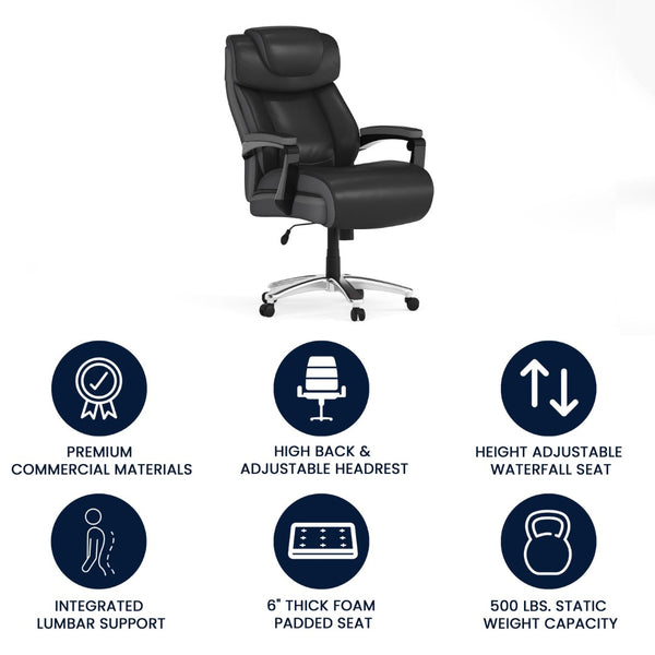English Elm HERCULES Series Big & Tall 500 lb. Rated Executive Ergonomic Office Chair with Adjustable Headrest Black GO-2223-BK-GG