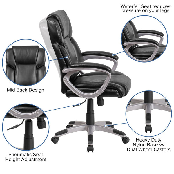 English Elm Carolyn Mid-Back LeatherSoft Executive Office Chair with Ergonomic Support & Padded Arms for Comfort Black GO-2236M-BK-GG