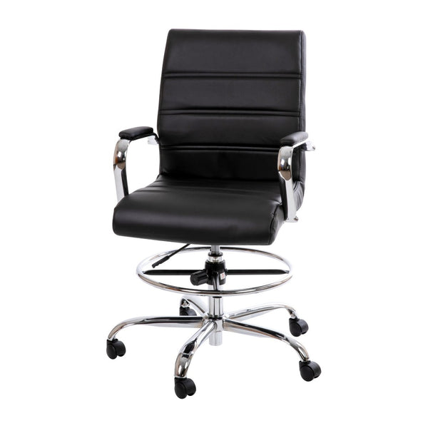English Elm Whitney Mid-Back LeatherSoft Drafting Chair with Adjustable Foot Ring and Chrome Base for Comfort Black GO-2286B-BK-GG