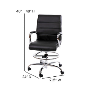 English Elm Whitney Mid-Back LeatherSoft Drafting Chair with Adjustable Foot Ring and Chrome Base for Comfort Black GO-2286B-BK-GG