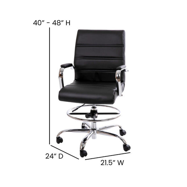 English Elm Whitney Mid-Back LeatherSoft Drafting Chair with Adjustable Foot Ring and Chrome Base for Comfort Black GO-2286B-BK-GG