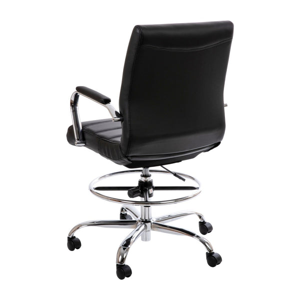 English Elm Whitney Mid-Back LeatherSoft Drafting Chair with Adjustable Foot Ring and Chrome Base for Comfort Black GO-2286B-BK-GG