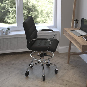 English Elm Lexi Mid-Back LeatherSoft Drafting Chair with Chrome Base, Adjustable Foot Ring & Smooth Wheels Black GO-2286B-BK-RLB-GG