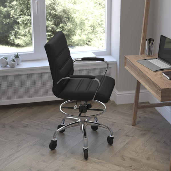 English Elm Lexi Mid-Back LeatherSoft Drafting Chair with Chrome Base, Adjustable Foot Ring & Smooth Wheels Black GO-2286B-BK-RLB-GG