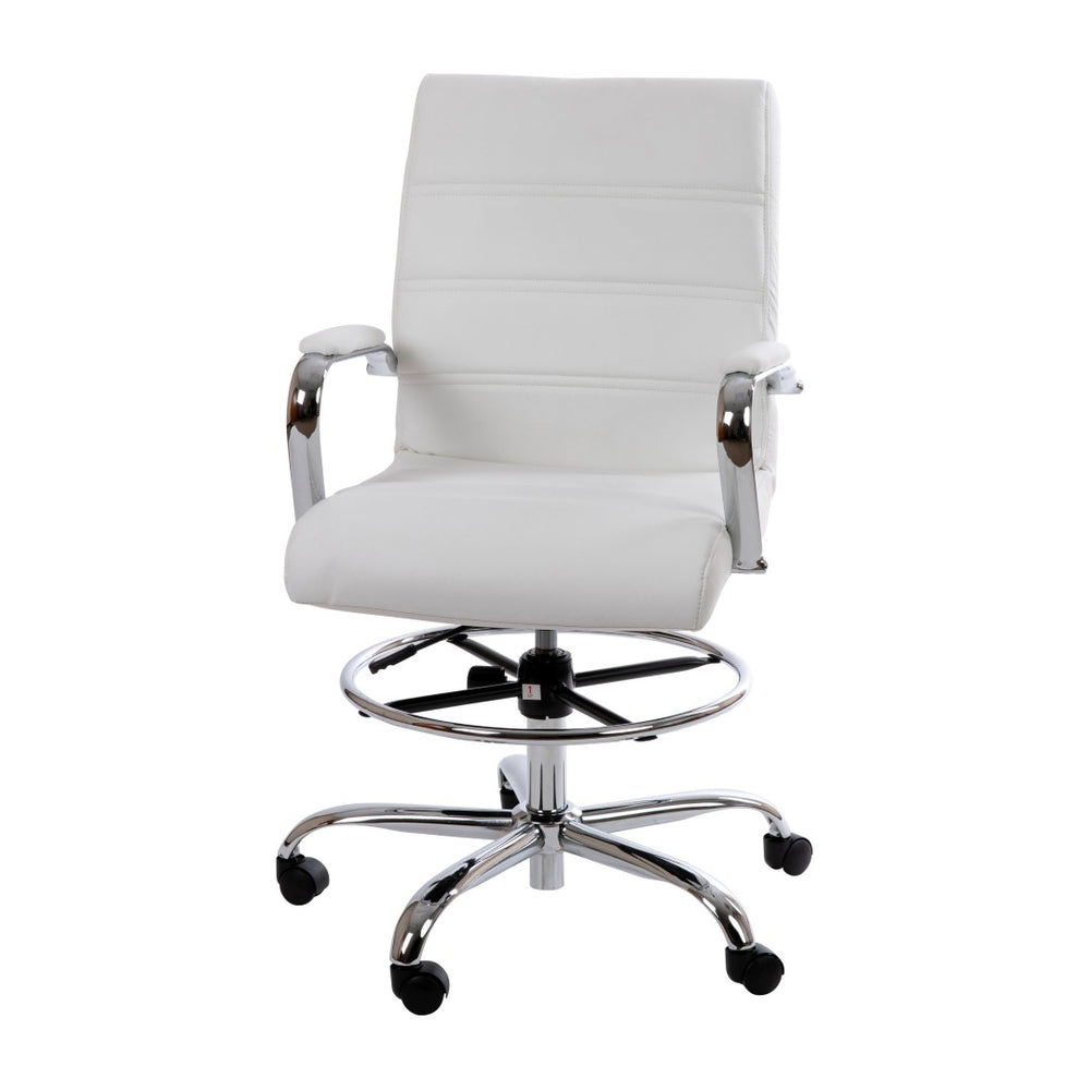 English Elm Whitney Mid-Back LeatherSoft Drafting Chair with Adjustable Foot Ring and Chrome Base for Comfort White GO-2286B-WH-GG
