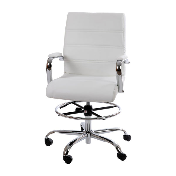 English Elm Whitney Mid-Back LeatherSoft Drafting Chair with Adjustable Foot Ring and Chrome Base for Comfort White GO-2286B-WH-GG