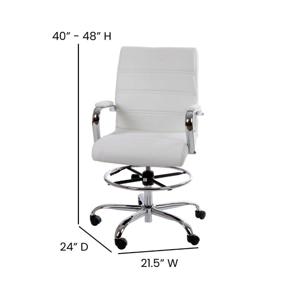 English Elm Whitney Mid-Back LeatherSoft Drafting Chair with Adjustable Foot Ring and Chrome Base for Comfort White GO-2286B-WH-GG