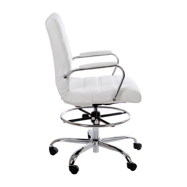 English Elm Whitney Mid-Back LeatherSoft Drafting Chair with Adjustable Foot Ring and Chrome Base for Comfort White GO-2286B-WH-GG