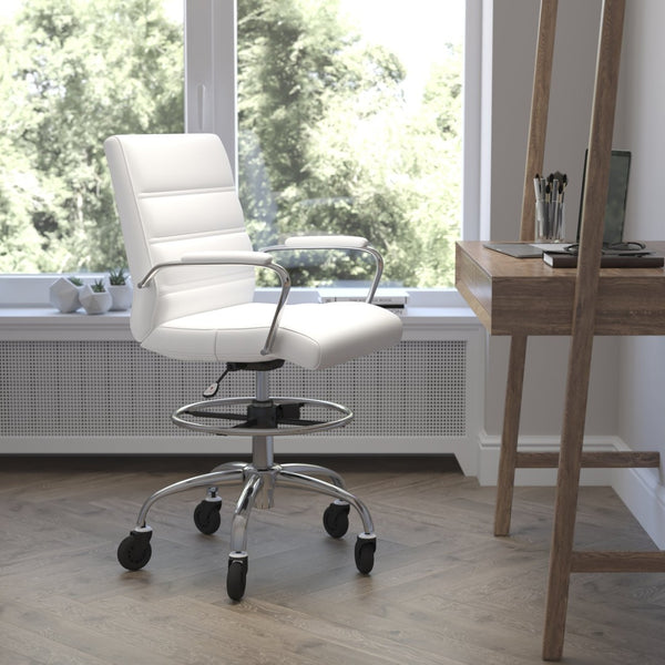 English Elm Lexi Mid-Back LeatherSoft Drafting Chair with Chrome Base, Adjustable Foot Ring & Smooth Wheels White GO-2286B-WH-RLB-GG