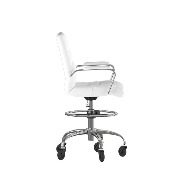 English Elm Lexi Mid-Back LeatherSoft Drafting Chair with Chrome Base, Adjustable Foot Ring & Smooth Wheels White GO-2286B-WH-RLB-GG