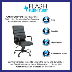 English Elm Whitney High Back Executive Swivel Office Chair - Ergonomic Comfort for Productive Workdays Black LeatherSoft/Black Frame GO-2286H-BK-BK-GG